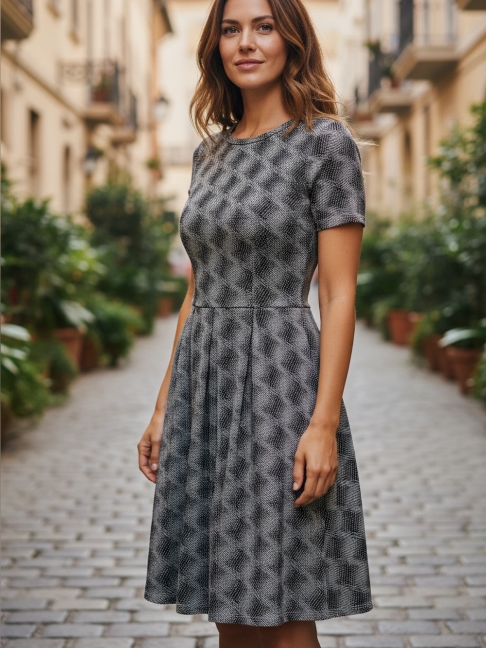 LuLaRoe Black & White Midi Dress with Geometric Texture with Side Pockets